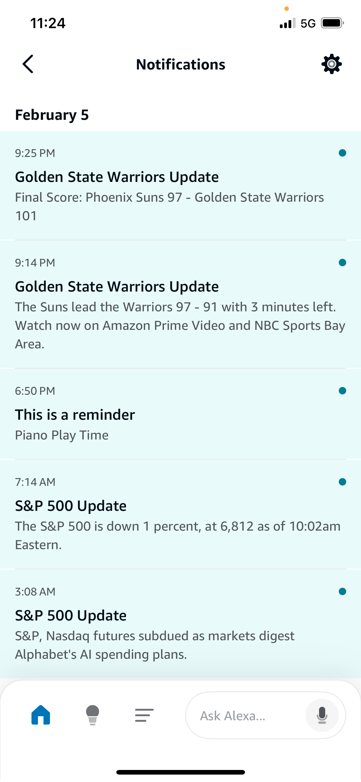 Alexa mobile app notification center showing sports updates, reminders, and stock alerts