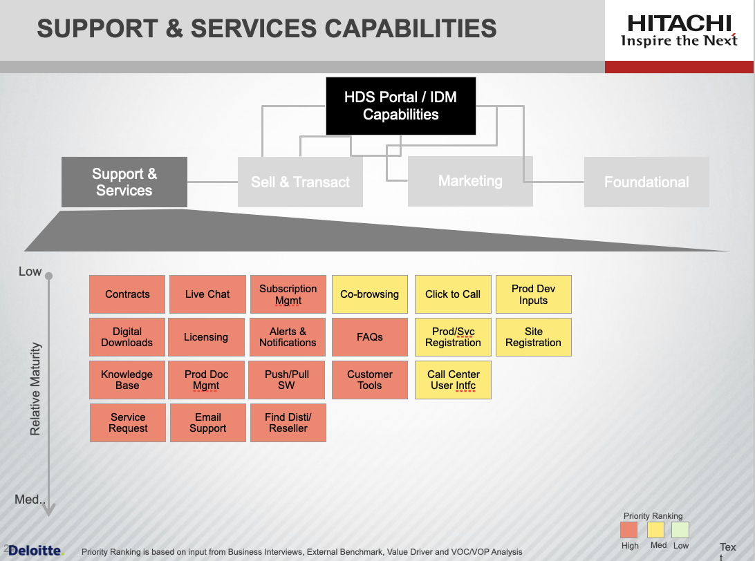 Support and Services capabilities map showing prioritised features across categories