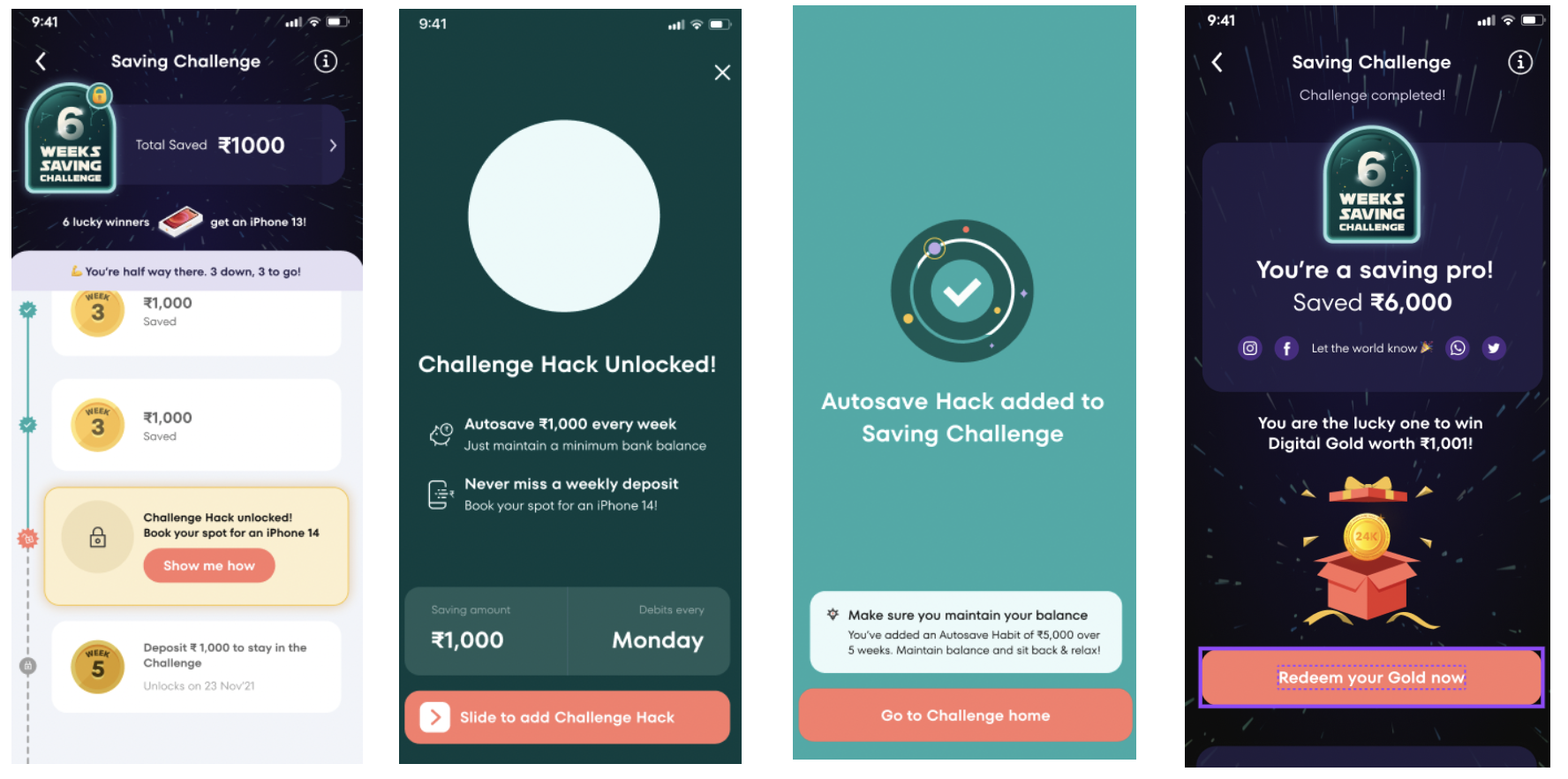 Four-screen savings challenge flow showing goal setting, challenge hacks, autosave setup, and completion rewards