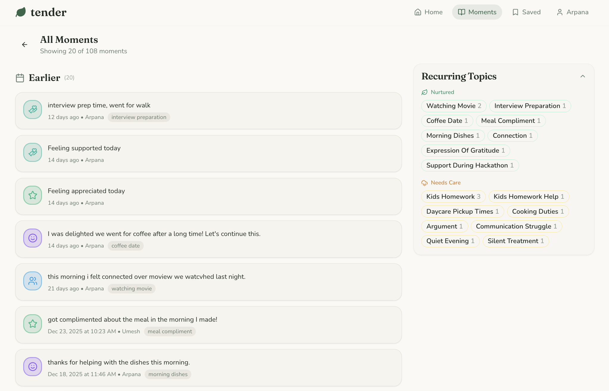 Moments timeline with AI-detected recurring topics across nurtured and needs-care interactions